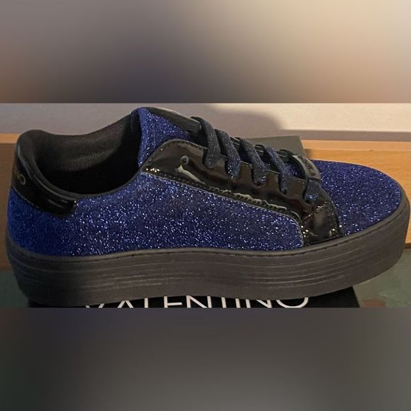 New Mario Valentino SELA Royal Blue Sparkle Black Sneakers Shoes 37 EU 7 USA - Picture 13 of 14